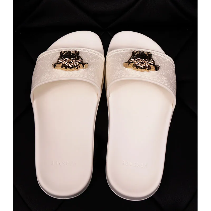 37 38 39 NEW $450 VERSACE Woman White Pool Slides GOLD MEDUSA Logo Palazzo SANDALS NIB