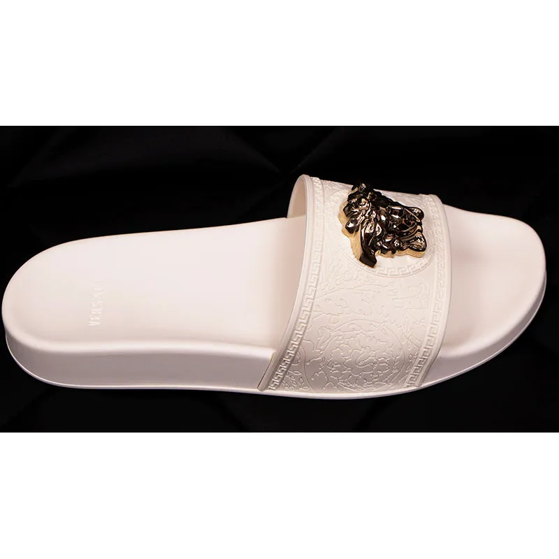 37 38 39 NEW $450 VERSACE Woman White Pool Slides GOLD MEDUSA Logo Palazzo SANDALS NIB