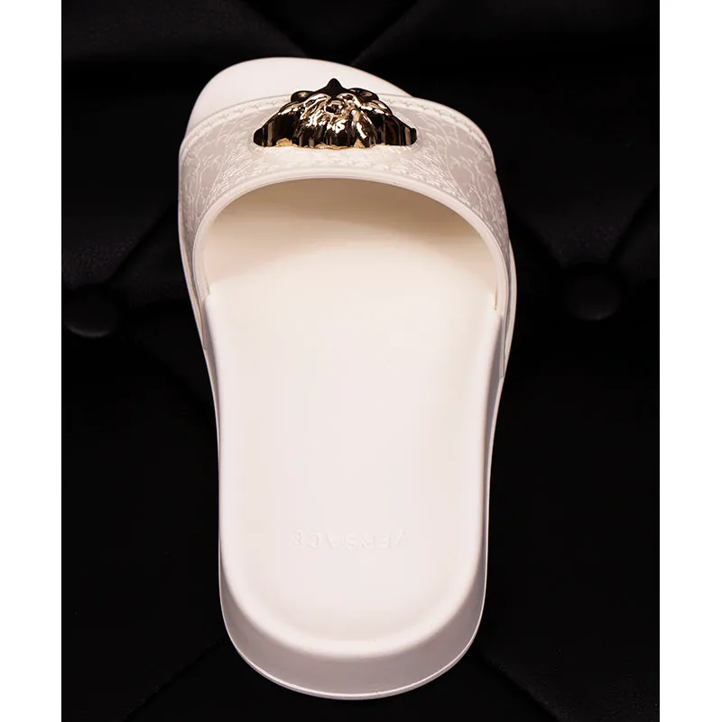 37 38 39 NEW $450 VERSACE Woman White Pool Slides GOLD MEDUSA Logo Palazzo SANDALS NIB