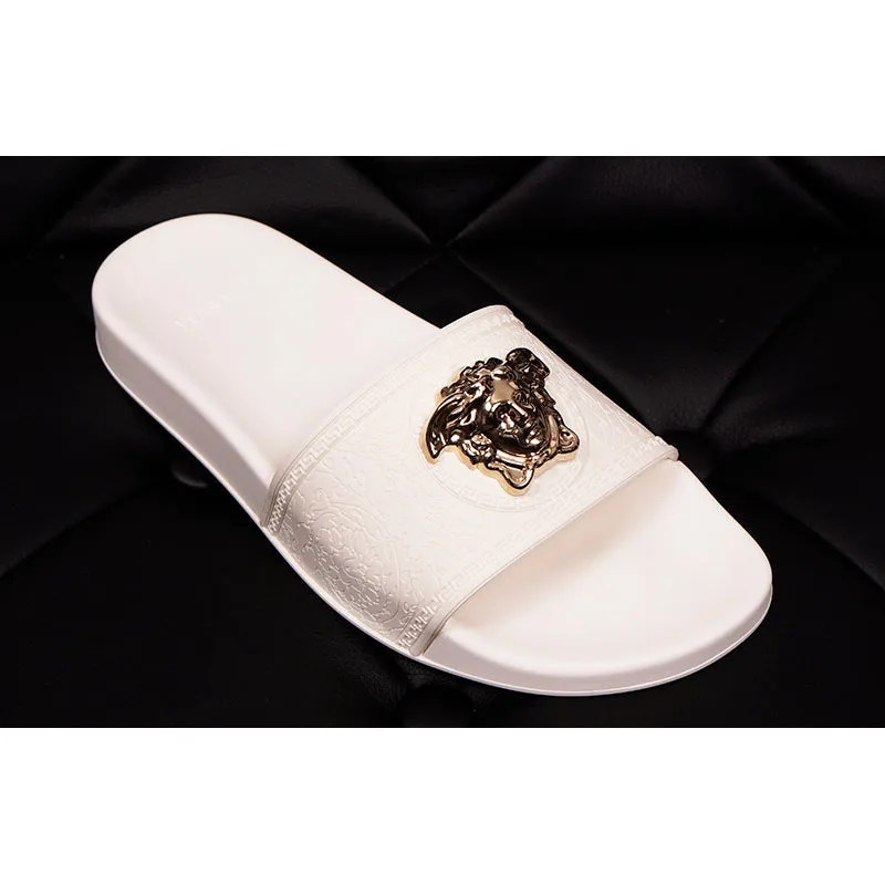 37 38 39 NEW $450 VERSACE Woman White Pool Slides GOLD MEDUSA Logo Palazzo SANDALS NIB