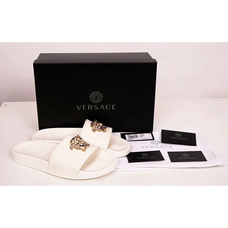 37 38 39 NEW $450 VERSACE Woman White Pool Slides GOLD MEDUSA Logo Palazzo SANDALS NIB