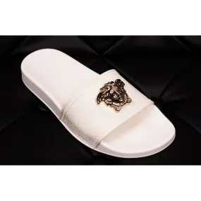 37 38 39 NEW $450 VERSACE Woman White Pool Slides GOLD MEDUSA Logo Palazzo SANDALS NIB