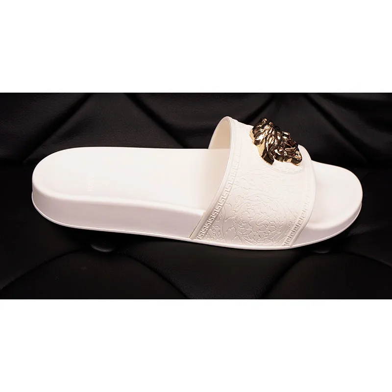 37 38 39 NEW $450 VERSACE Woman White Pool Slides GOLD MEDUSA Logo Palazzo SANDALS NIB