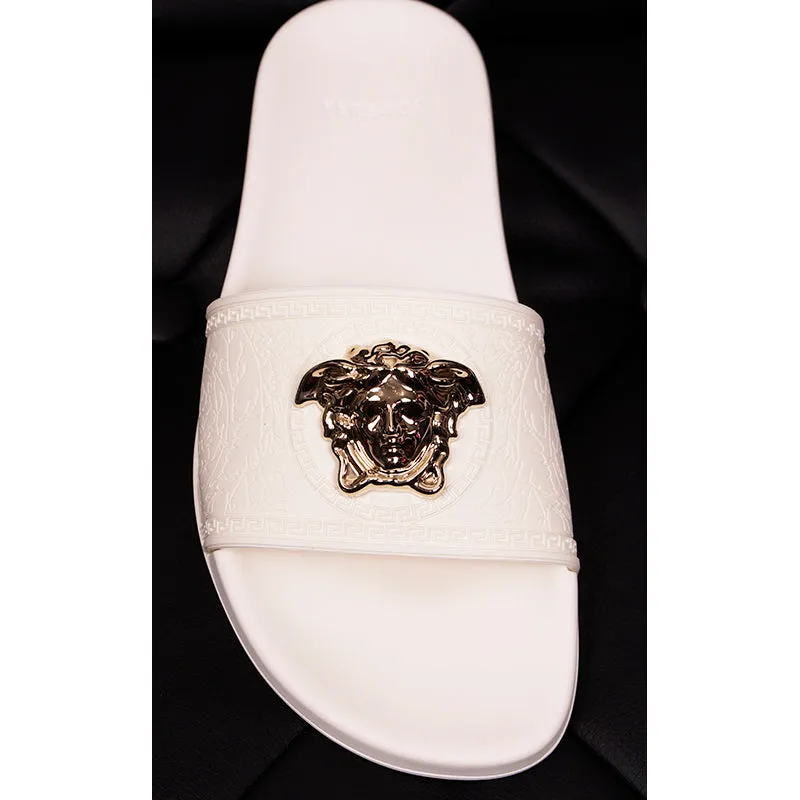 37 38 39 NEW $450 VERSACE Woman White Pool Slides GOLD MEDUSA Logo Palazzo SANDALS NIB