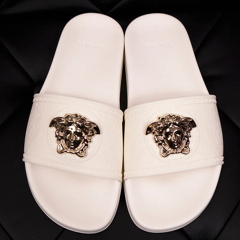 37 38 39 NEW $450 VERSACE Woman White Pool Slides GOLD MEDUSA Logo Palazzo SANDALS NIB