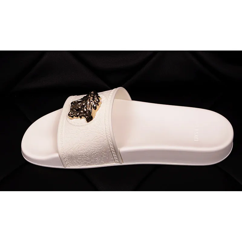 37 38 39 NEW $450 VERSACE Woman White Pool Slides GOLD MEDUSA Logo Palazzo SANDALS NIB