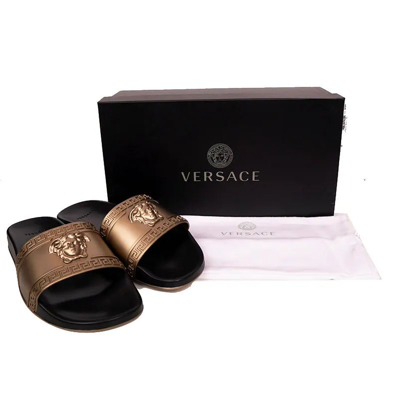 45 NEW $450 VERSACE Men's GOLD MEDUSA LOGO Palazzo Pool SLIDE SANDALS NIB