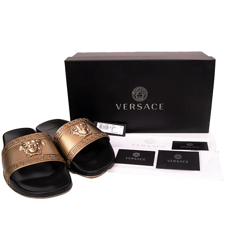 45 NEW $450 VERSACE Men's GOLD MEDUSA LOGO Palazzo Pool SLIDE SANDALS NIB