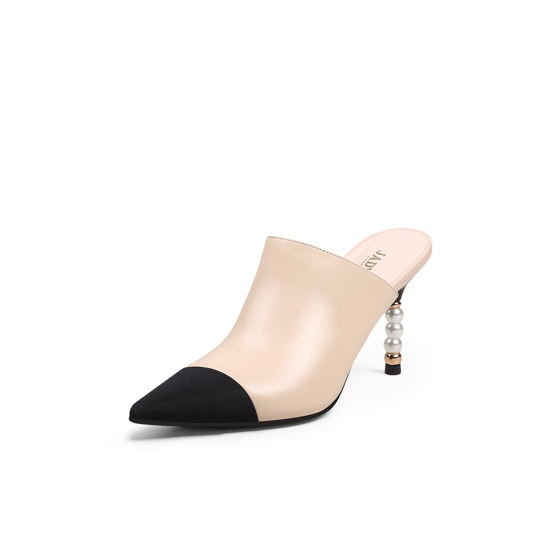 Black Cap Toe Apricot Pearl Heel Mules