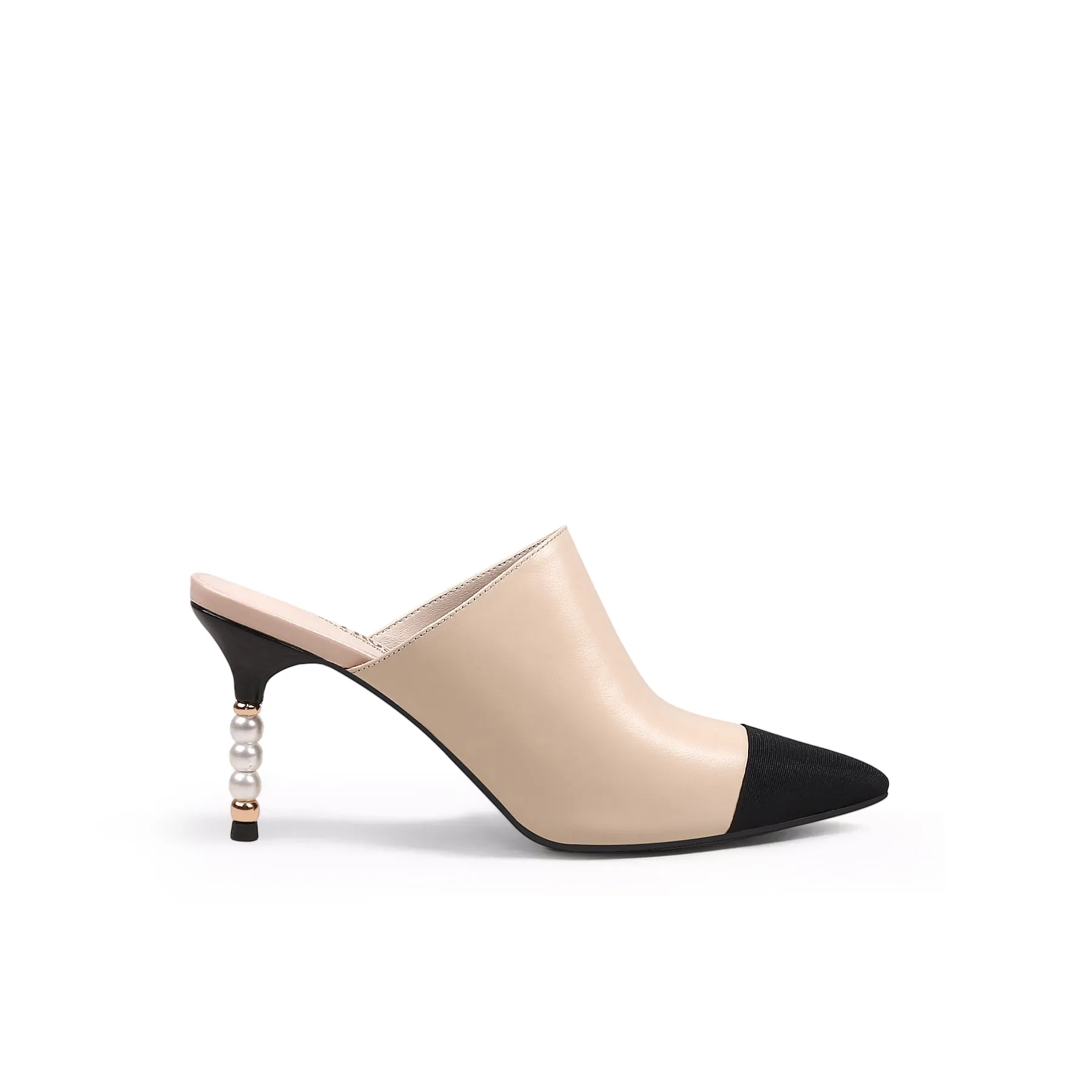 Black Cap Toe Apricot Pearl Heel Mules