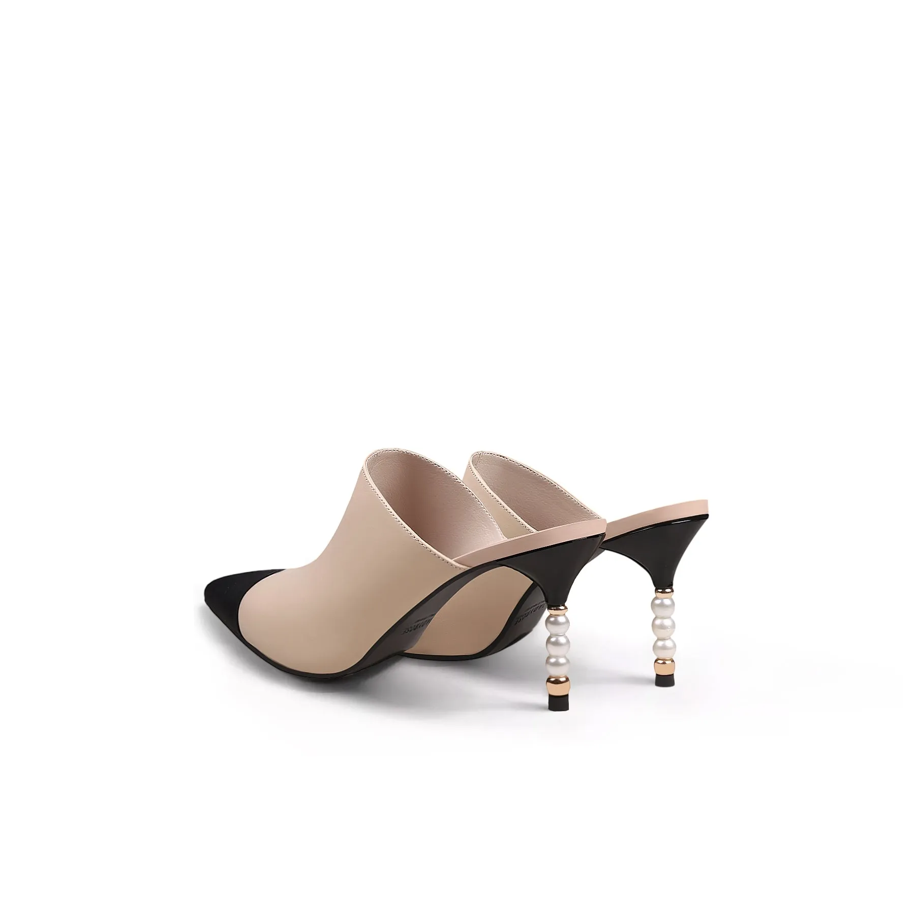 Black Cap Toe Apricot Pearl Heel Mules