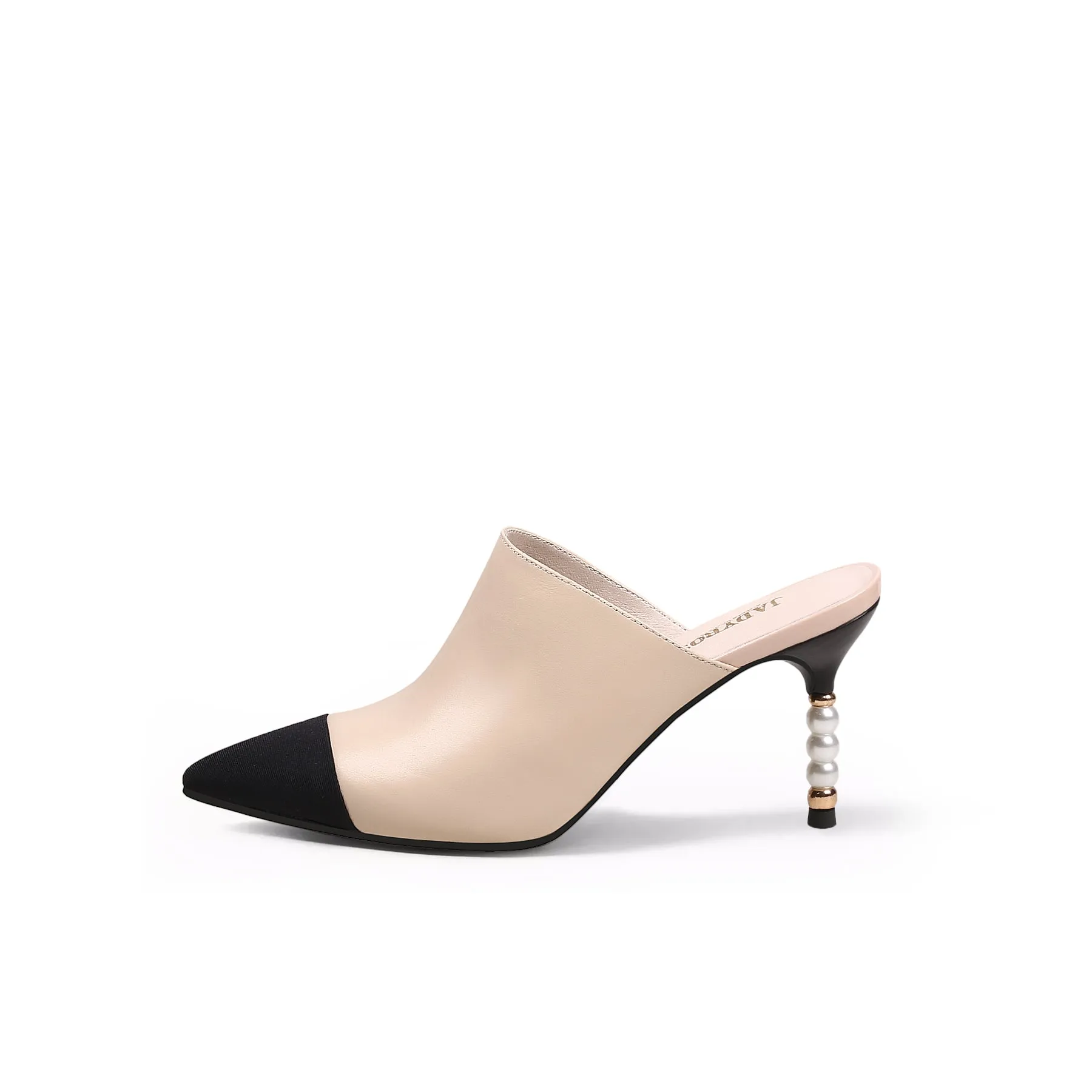 Black Cap Toe Apricot Pearl Heel Mules