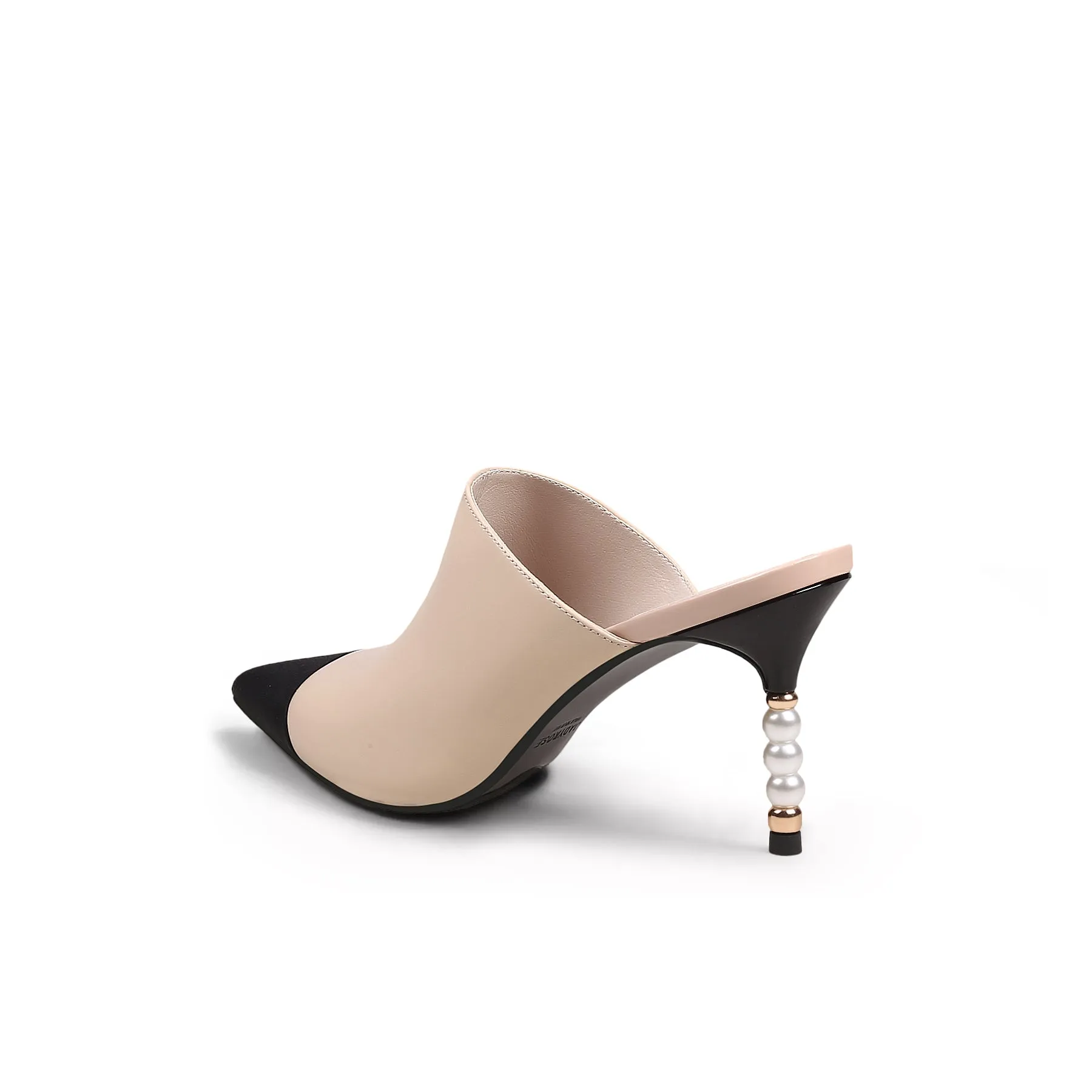 Black Cap Toe Apricot Pearl Heel Mules