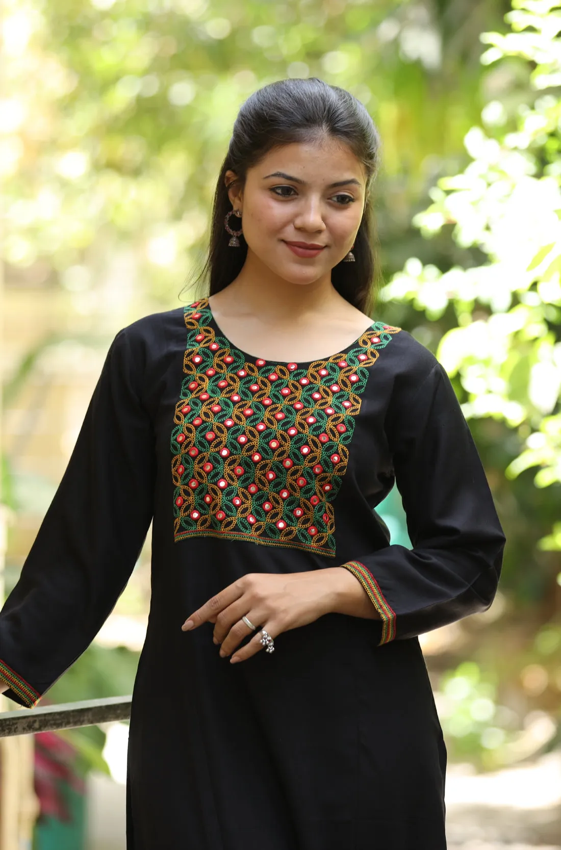 Black Embroidered Rayon Kurta