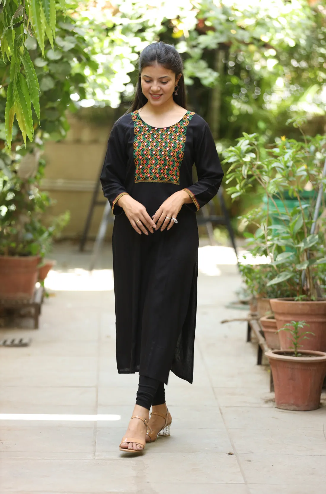 Black Embroidered Rayon Kurta