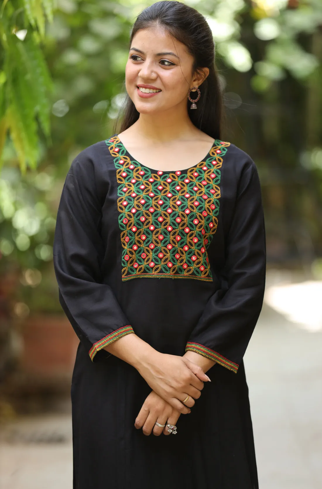 Black Embroidered Rayon Kurta