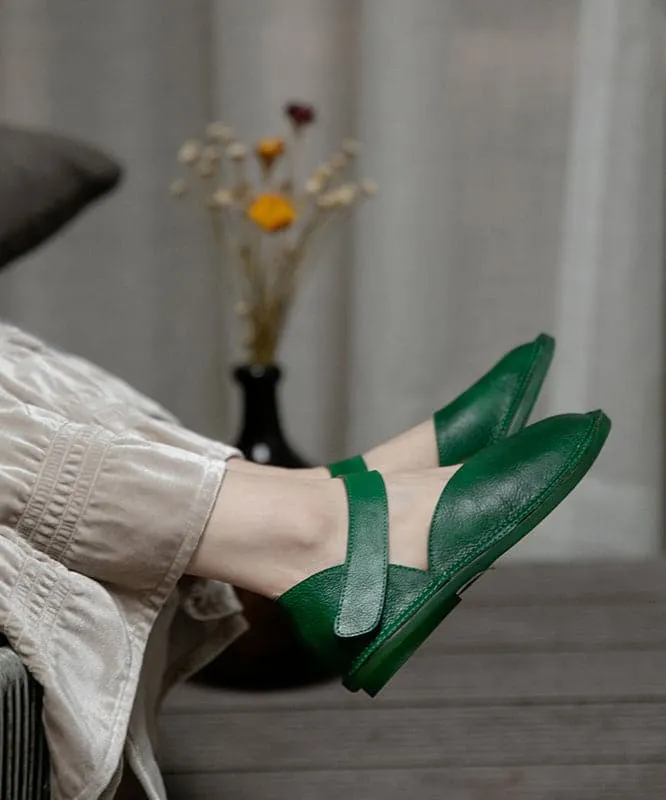 Comfy Green Flats Cowhide Leather Handmade Buckle Strap Flat Shoes