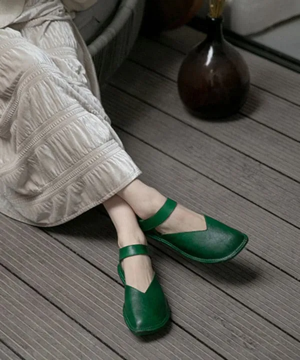 Comfy Green Flats Cowhide Leather Handmade Buckle Strap Flat Shoes