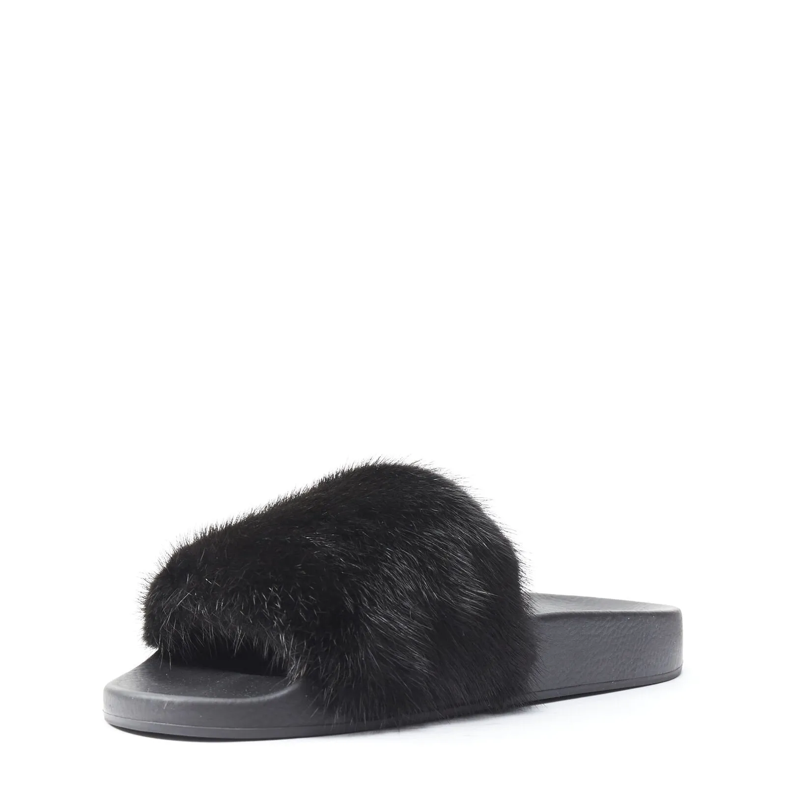 GIVENCHY black Vison Mink fur logo rubber molded footbed pool slides EU36