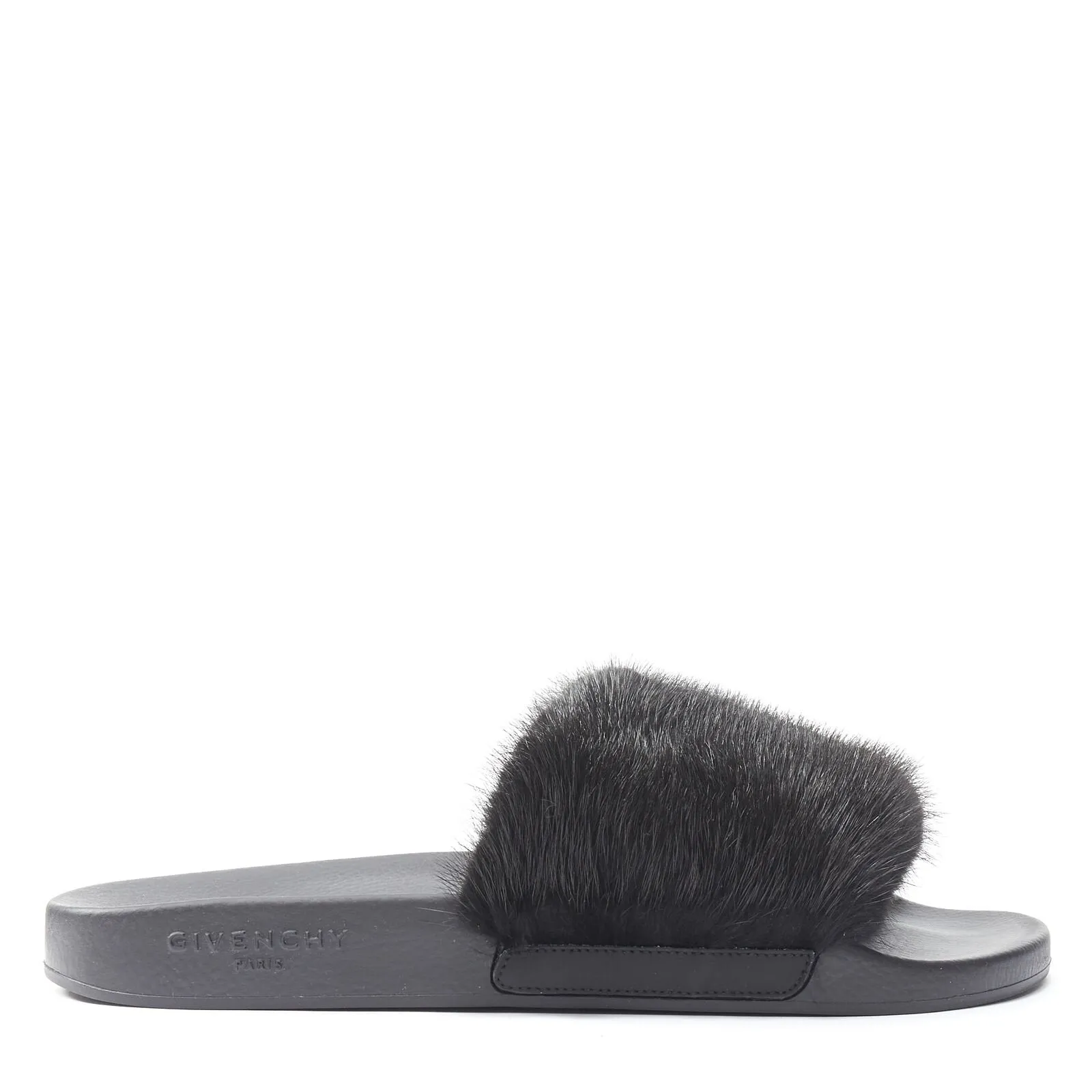 GIVENCHY black Vison Mink fur logo rubber molded footbed pool slides EU36