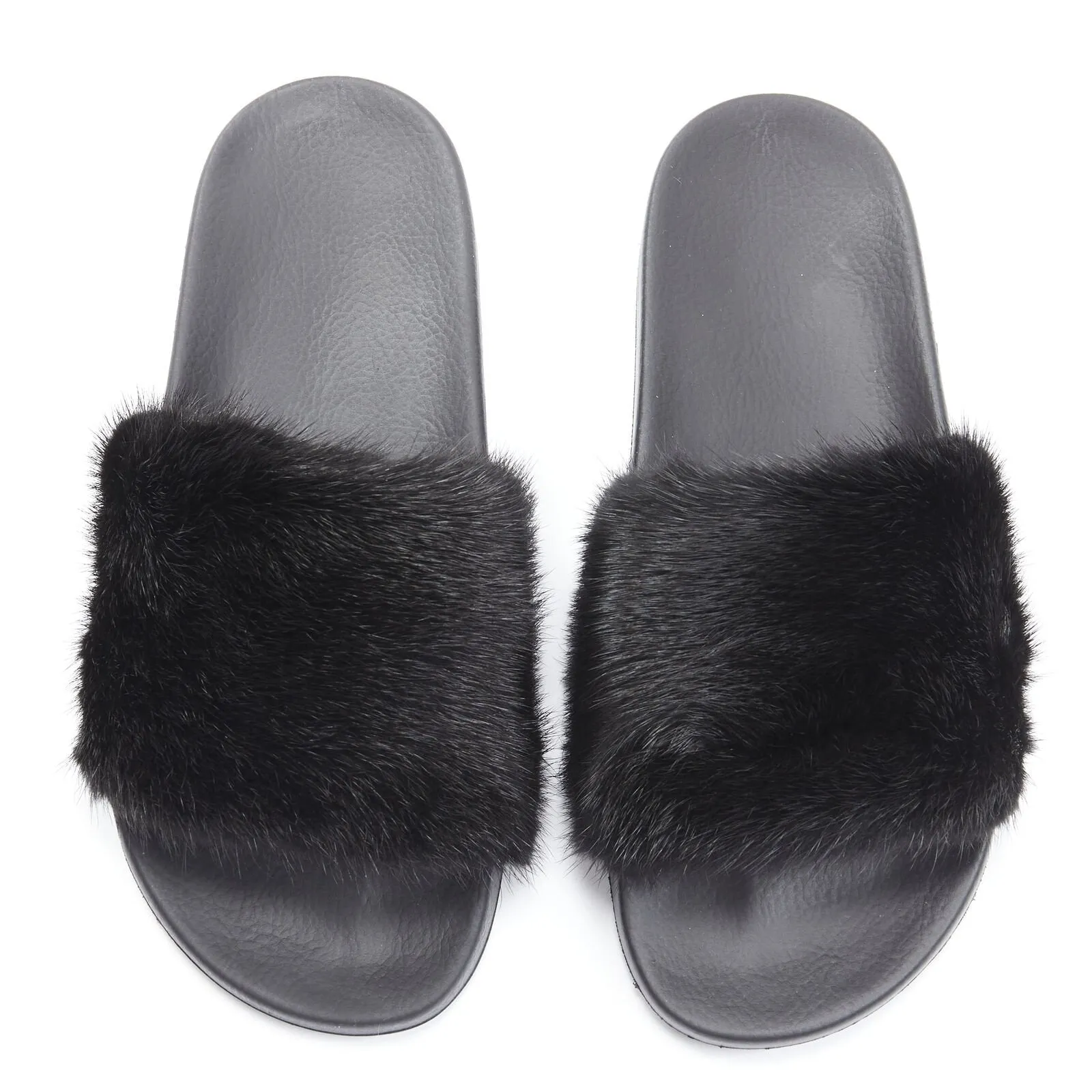 GIVENCHY black Vison Mink fur logo rubber molded footbed pool slides EU36