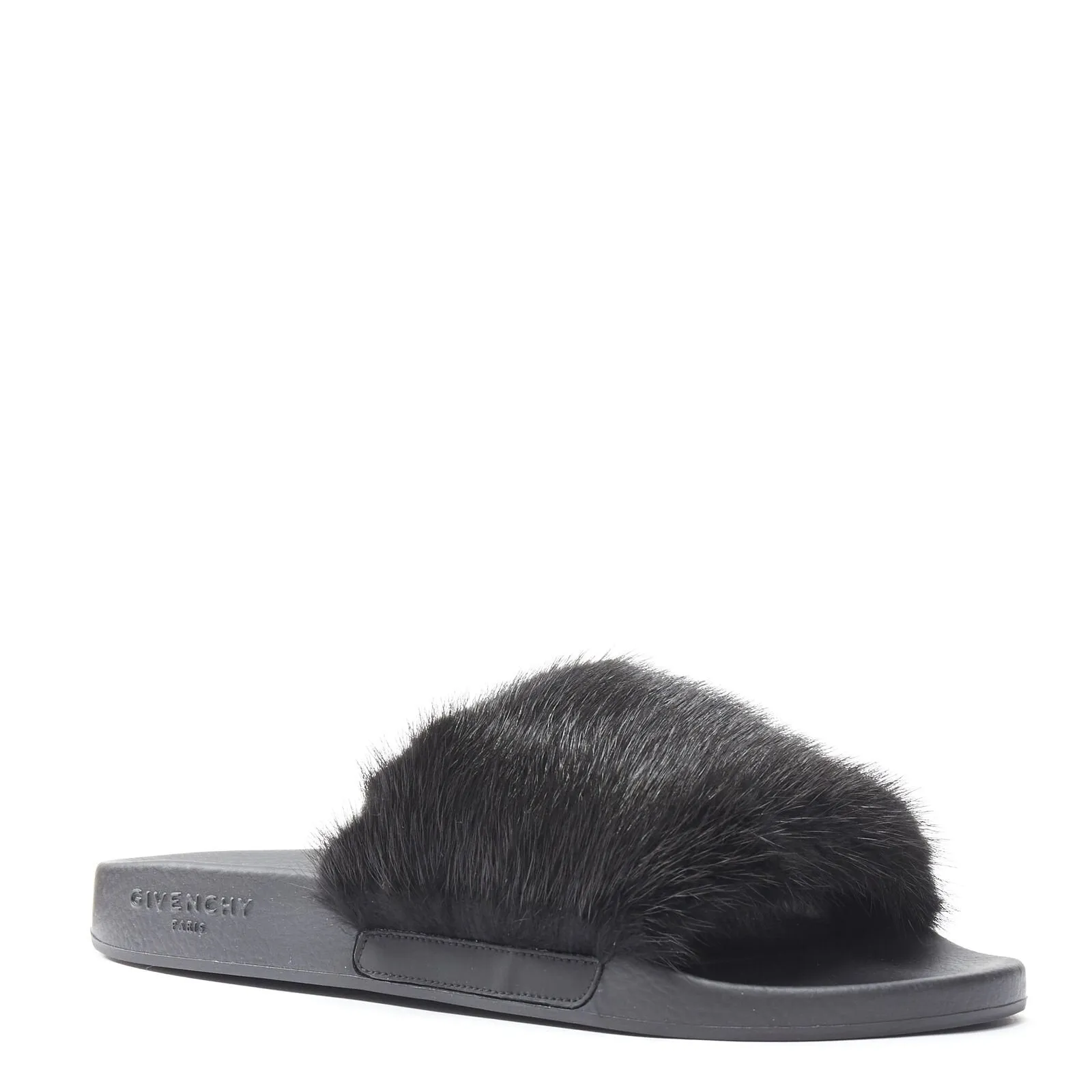 GIVENCHY black Vison Mink fur logo rubber molded footbed pool slides EU36