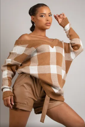 Mary - Brown Oversized Check Print V Neck Jumper