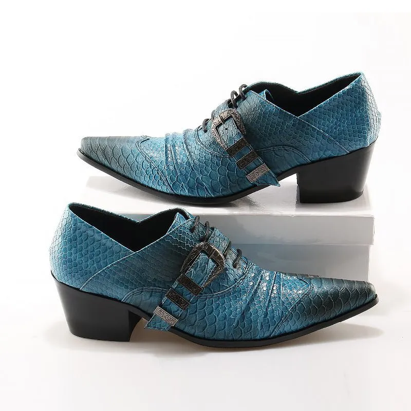 Men's Ocean Blue Embossed Leather Pointed-Toe Oxfords