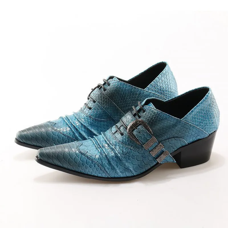 Men's Ocean Blue Embossed Leather Pointed-Toe Oxfords