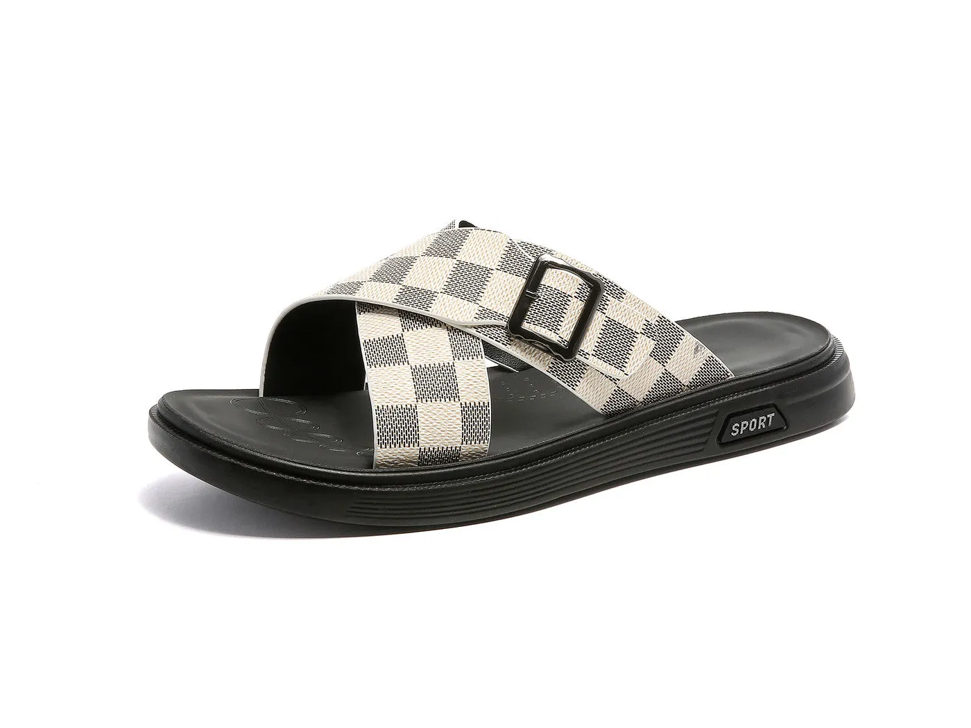 Men's Plaid Criss Cross Slides Beige