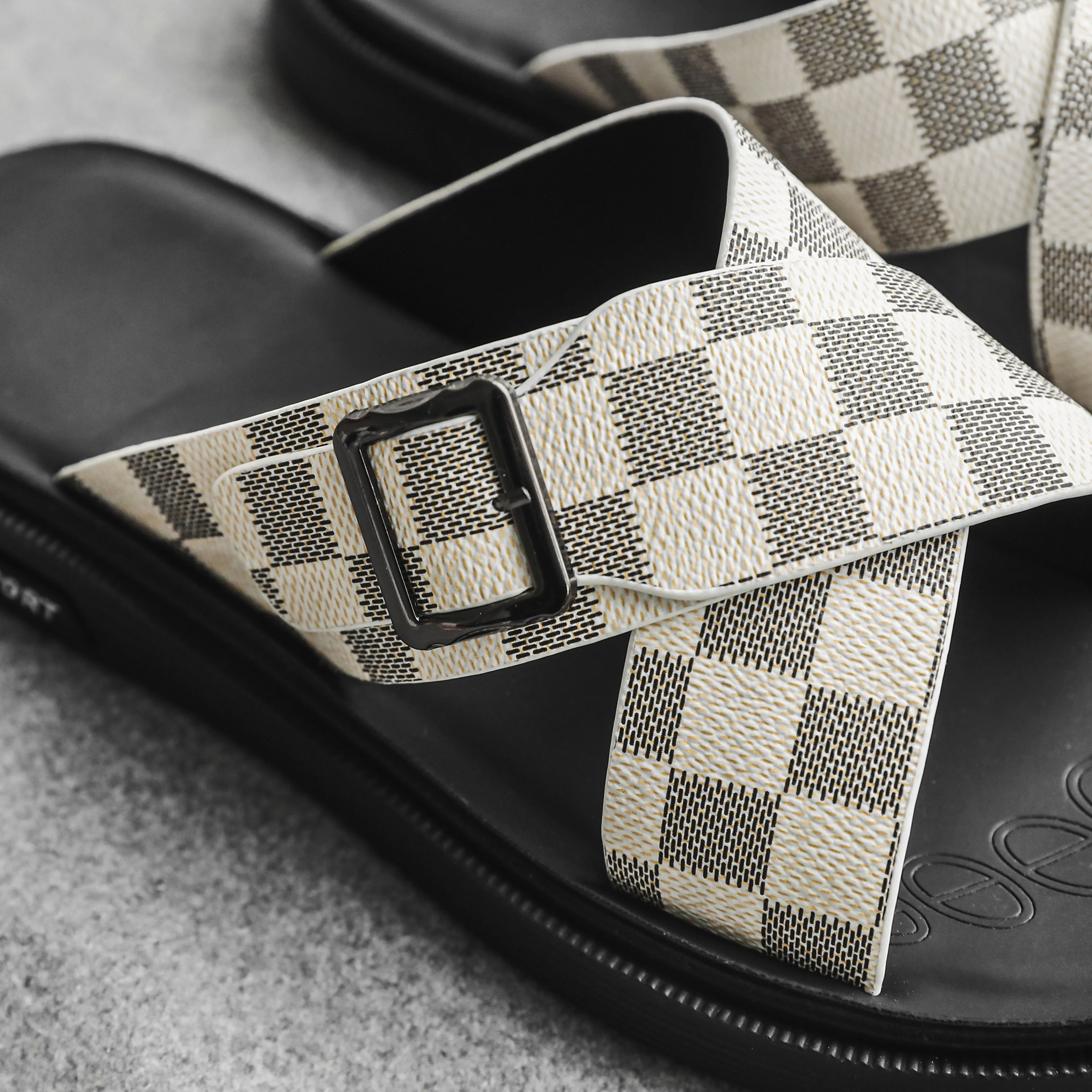 Men's Plaid Criss Cross Slides Beige