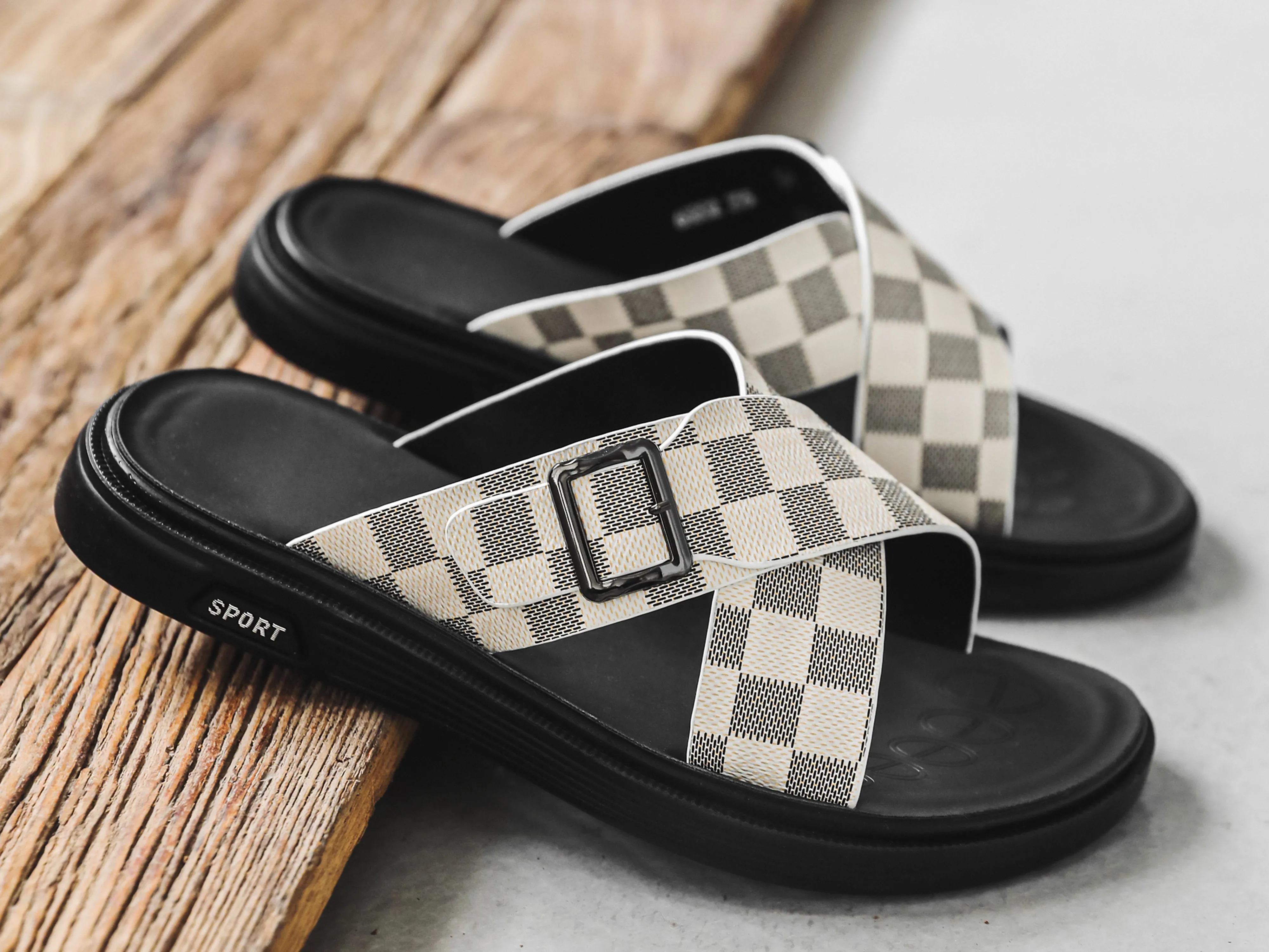 Men's Plaid Criss Cross Slides Beige