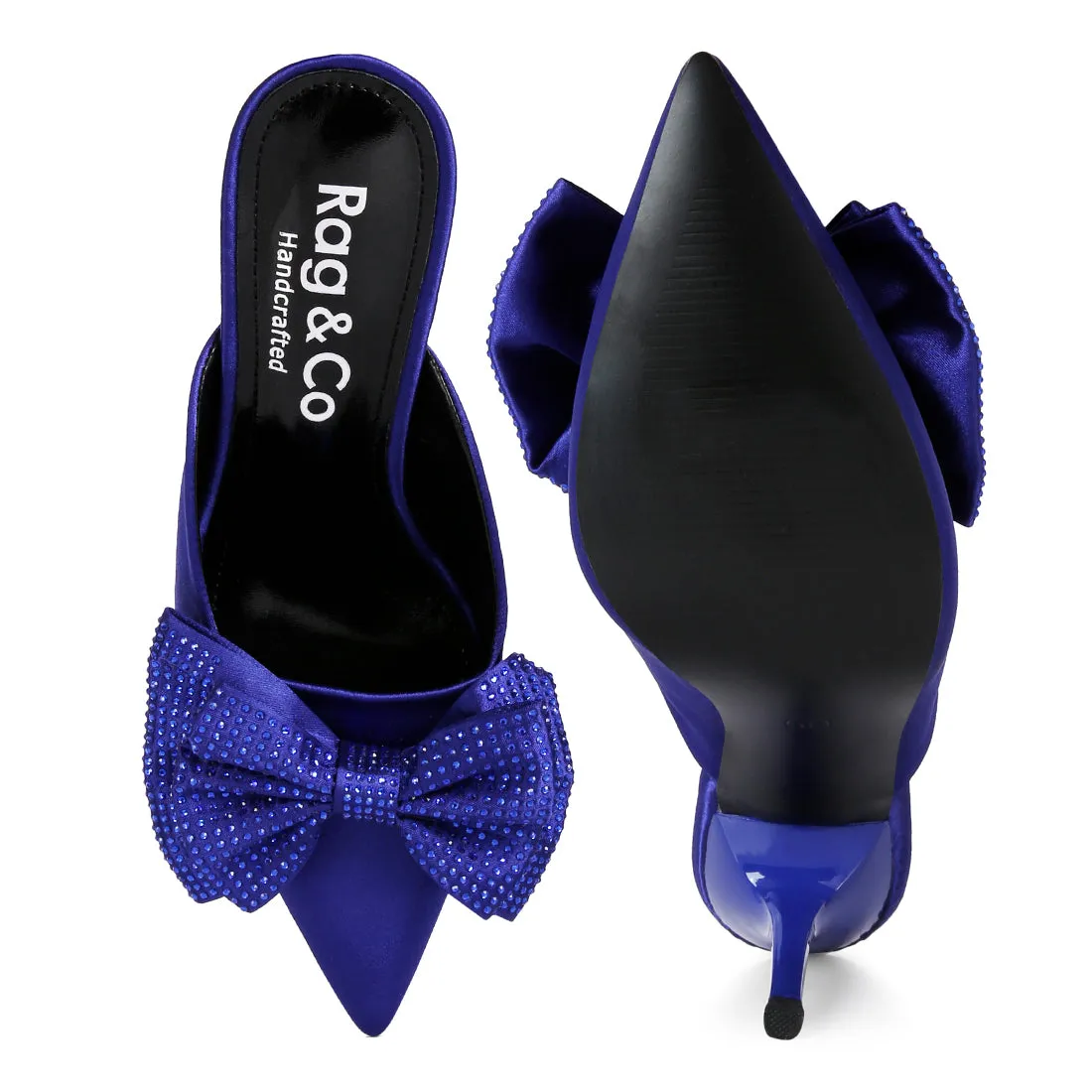 Navy Blue Diamante Bow Heeled Mules