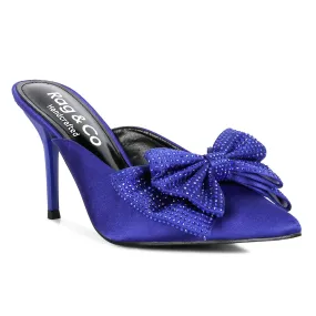 Navy Blue Diamante Bow Heeled Mules