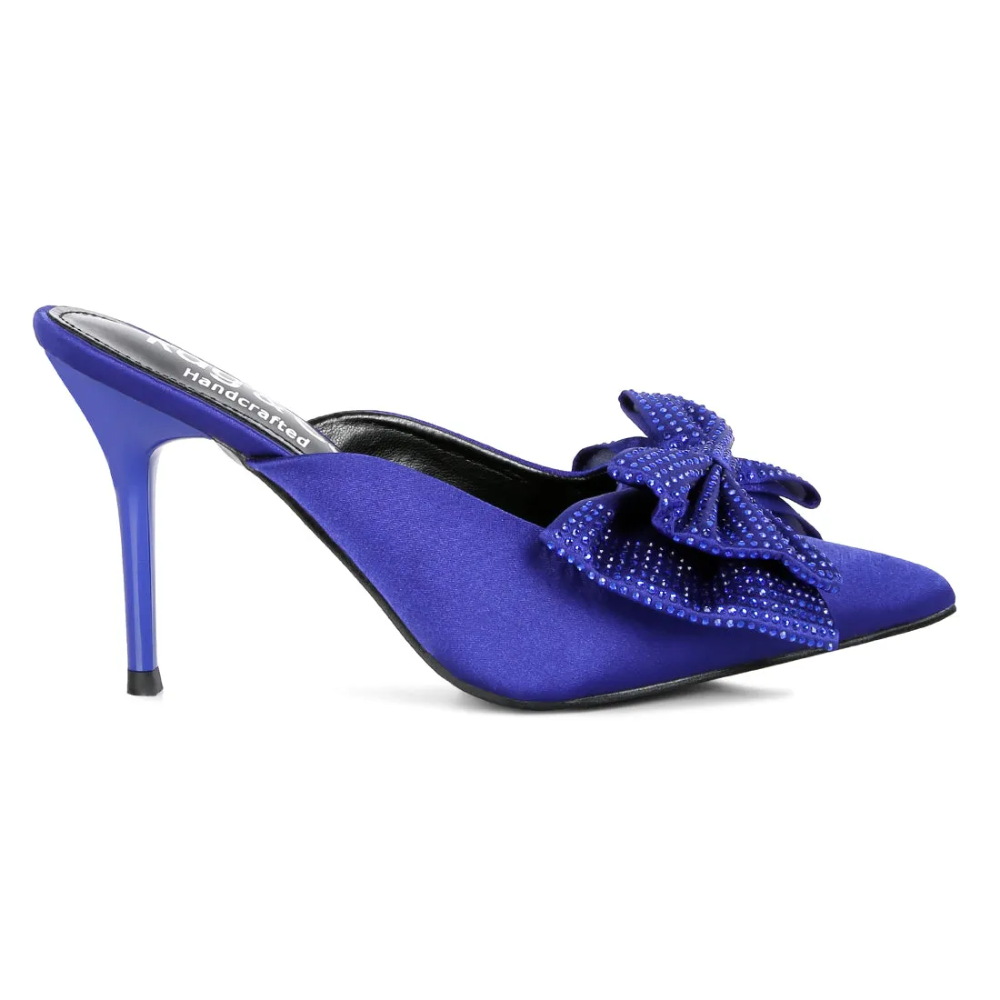 Navy Blue Diamante Bow Heeled Mules