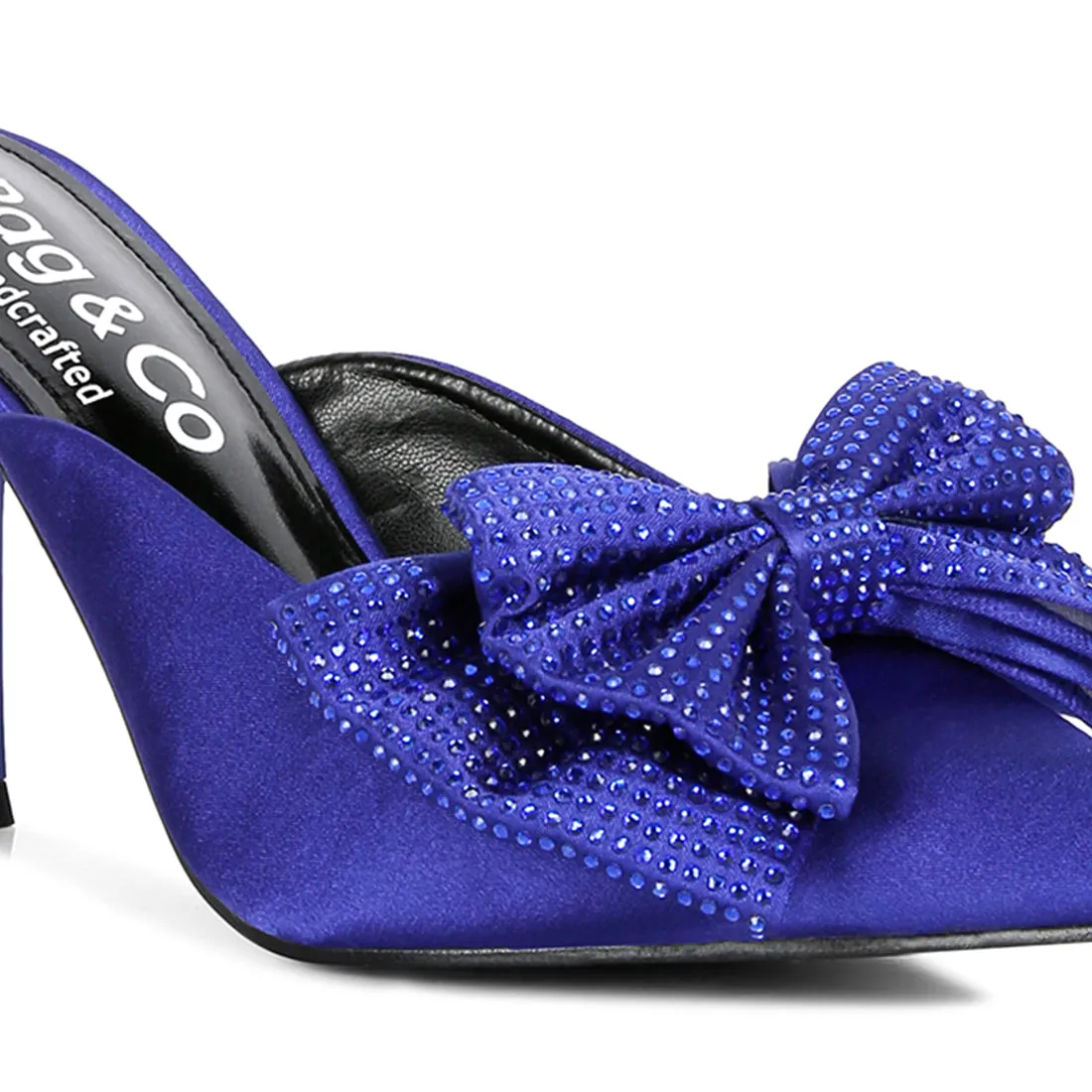 Navy Blue Diamante Bow Heeled Mules