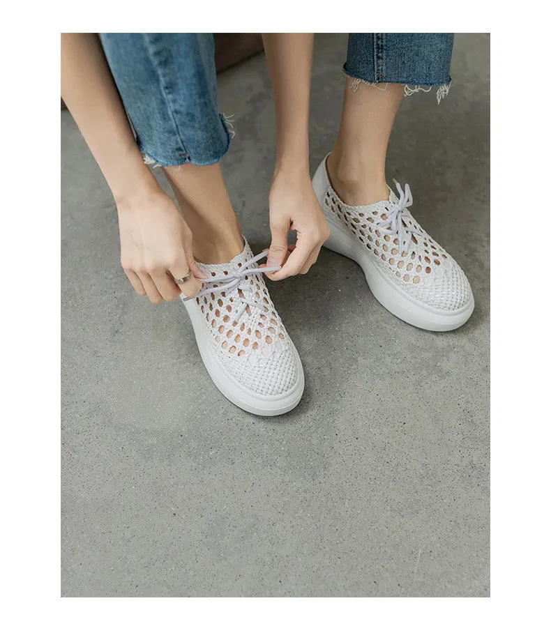 New Genuine Leather Sponge Cake Women Shoes Spring/summer Hollow Breathable Flat Platform Shoes Woven Hole Handmade Shoes Woman