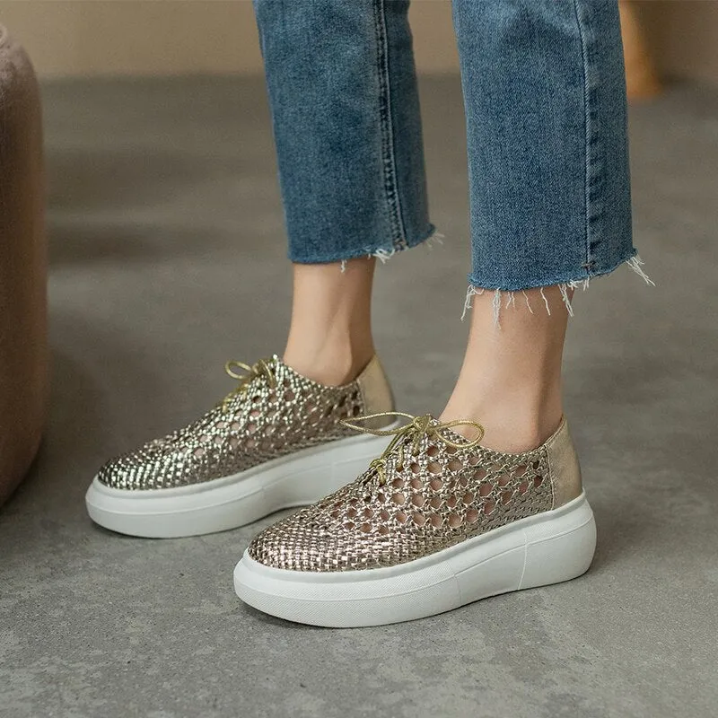 New Genuine Leather Sponge Cake Women Shoes Spring/summer Hollow Breathable Flat Platform Shoes Woven Hole Handmade Shoes Woman