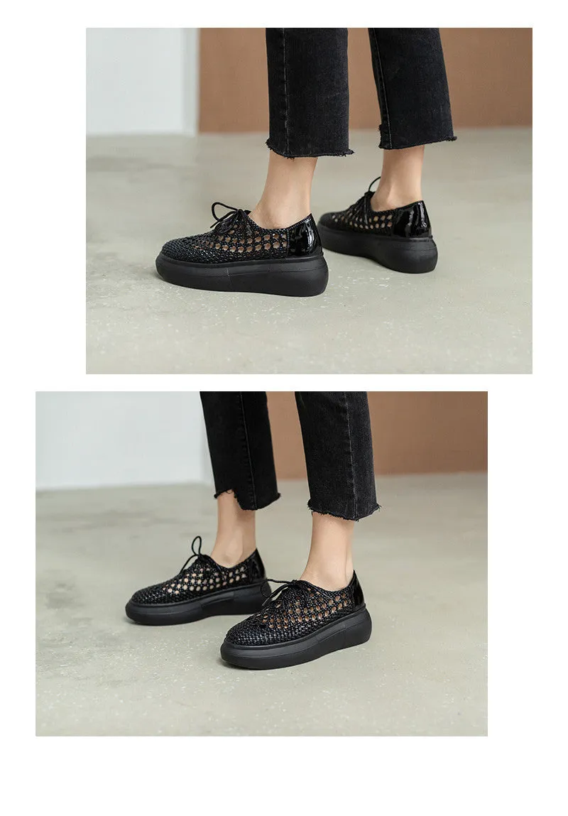 New Genuine Leather Sponge Cake Women Shoes Spring/summer Hollow Breathable Flat Platform Shoes Woven Hole Handmade Shoes Woman