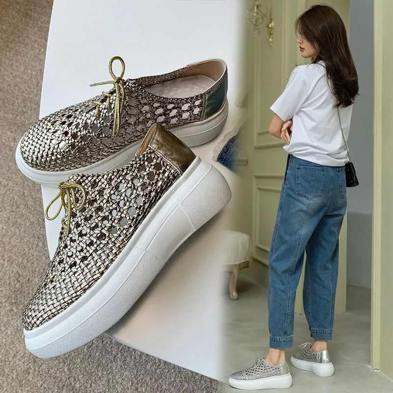 New Genuine Leather Sponge Cake Women Shoes Spring/summer Hollow Breathable Flat Platform Shoes Woven Hole Handmade Shoes Woman