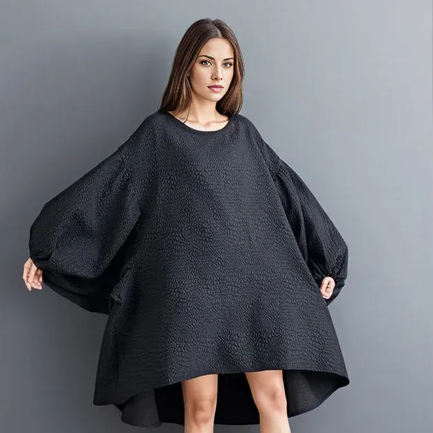 Oversized Lantern Sleeve Dress with Asymmetrical Hemline – Gothic Inspired Minimalism