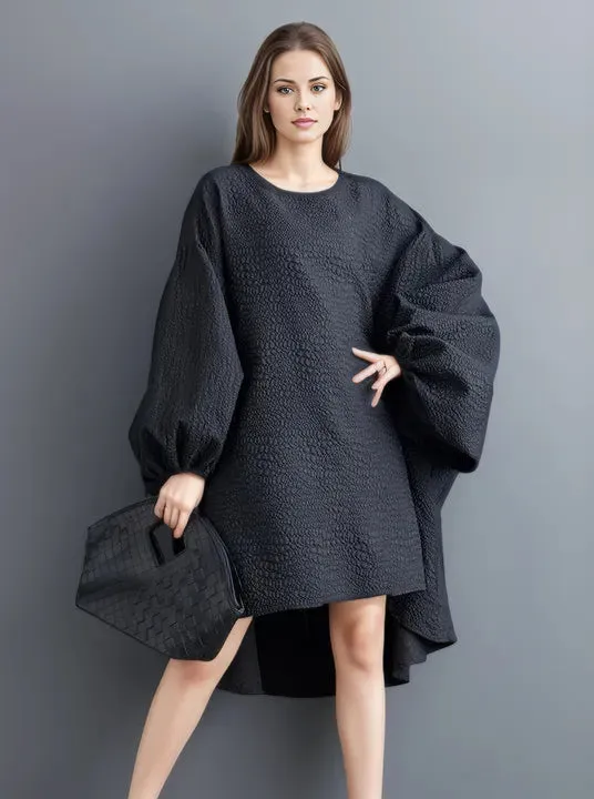 Oversized Lantern Sleeve Dress with Asymmetrical Hemline – Gothic Inspired Minimalism