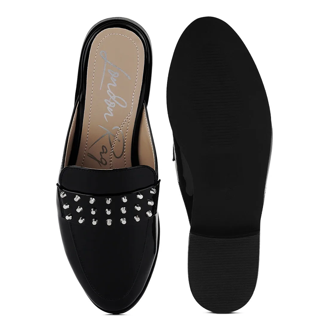 Patent Studded Flat Mules