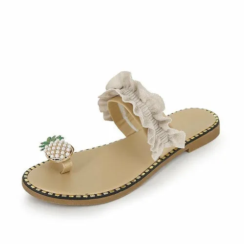 Pineapple Pearl Womens Slippers Flat Toe Casual Beach Slides