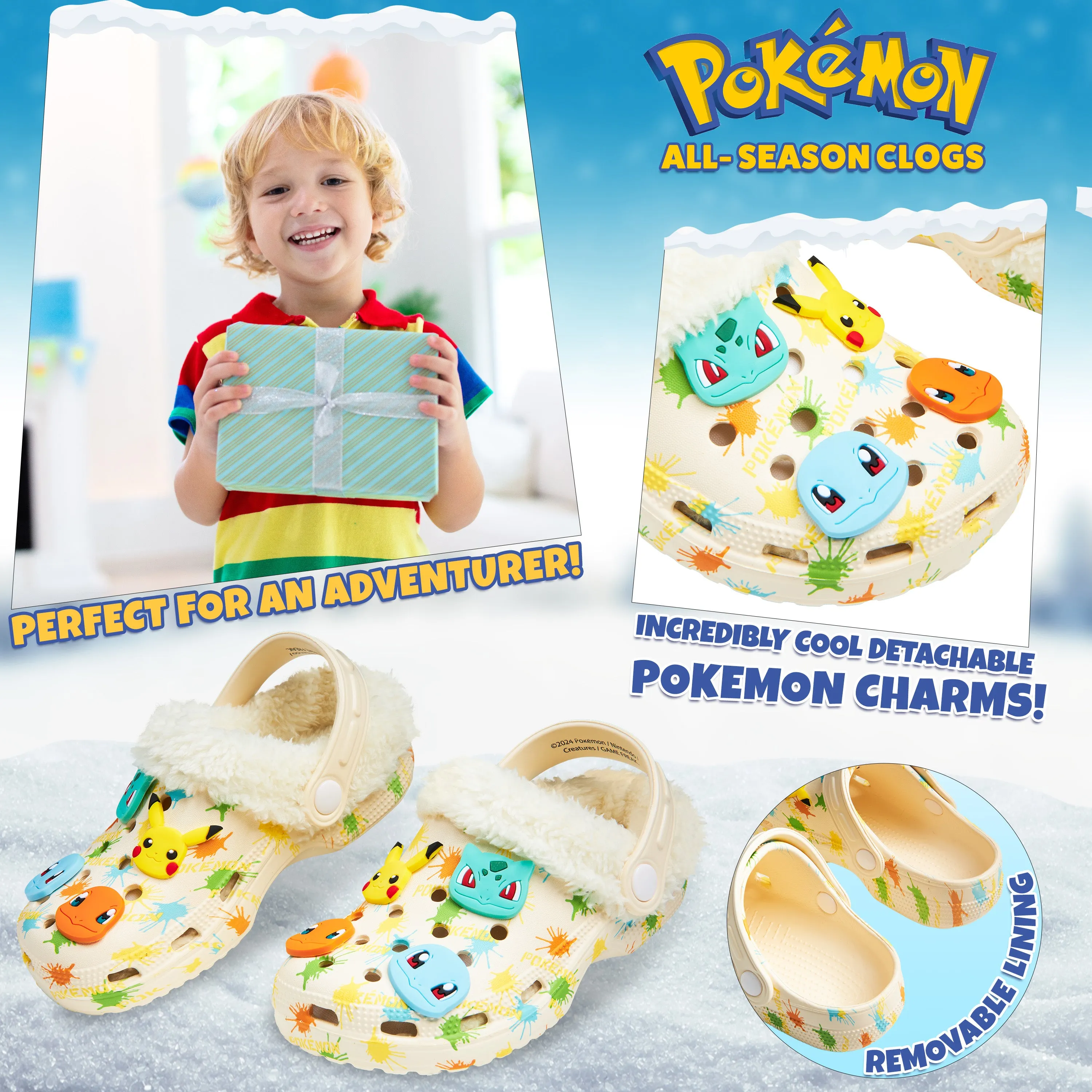 Pokemon Kids Clogs with Removable Fur Lining & Charms, Anime Gifts for Kids