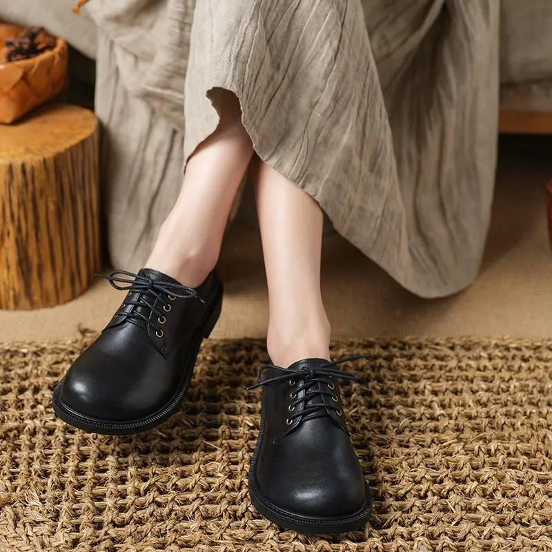 Retro Lace Up Leather Shoes Round Toe  Black/Coffee