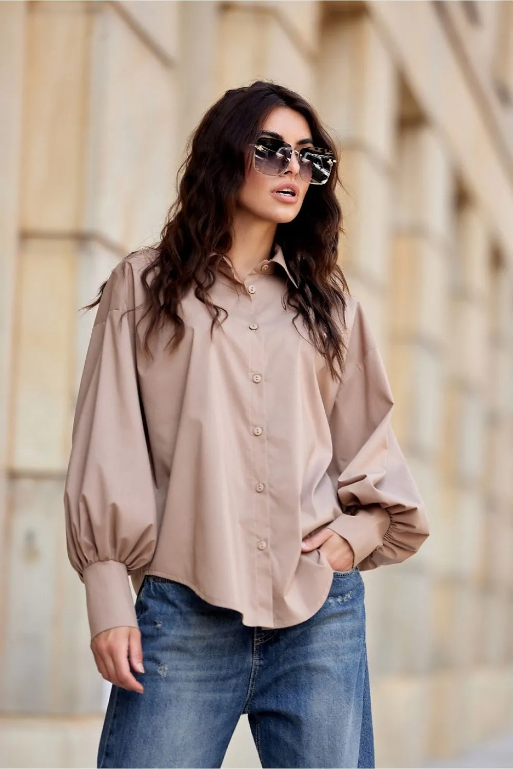 ROCO FASHION Women's Buttoned-down European Blouse with Long Lantern Sleeves