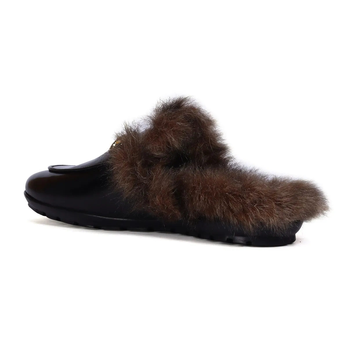 Summer Special Back Opening Furry Light Weight Black Leather Formal Mules