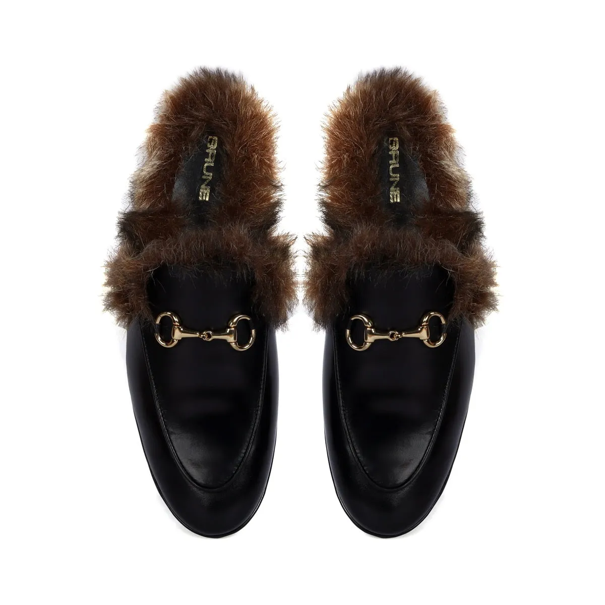 Summer Special Back Opening Furry Light Weight Black Leather Formal Mules