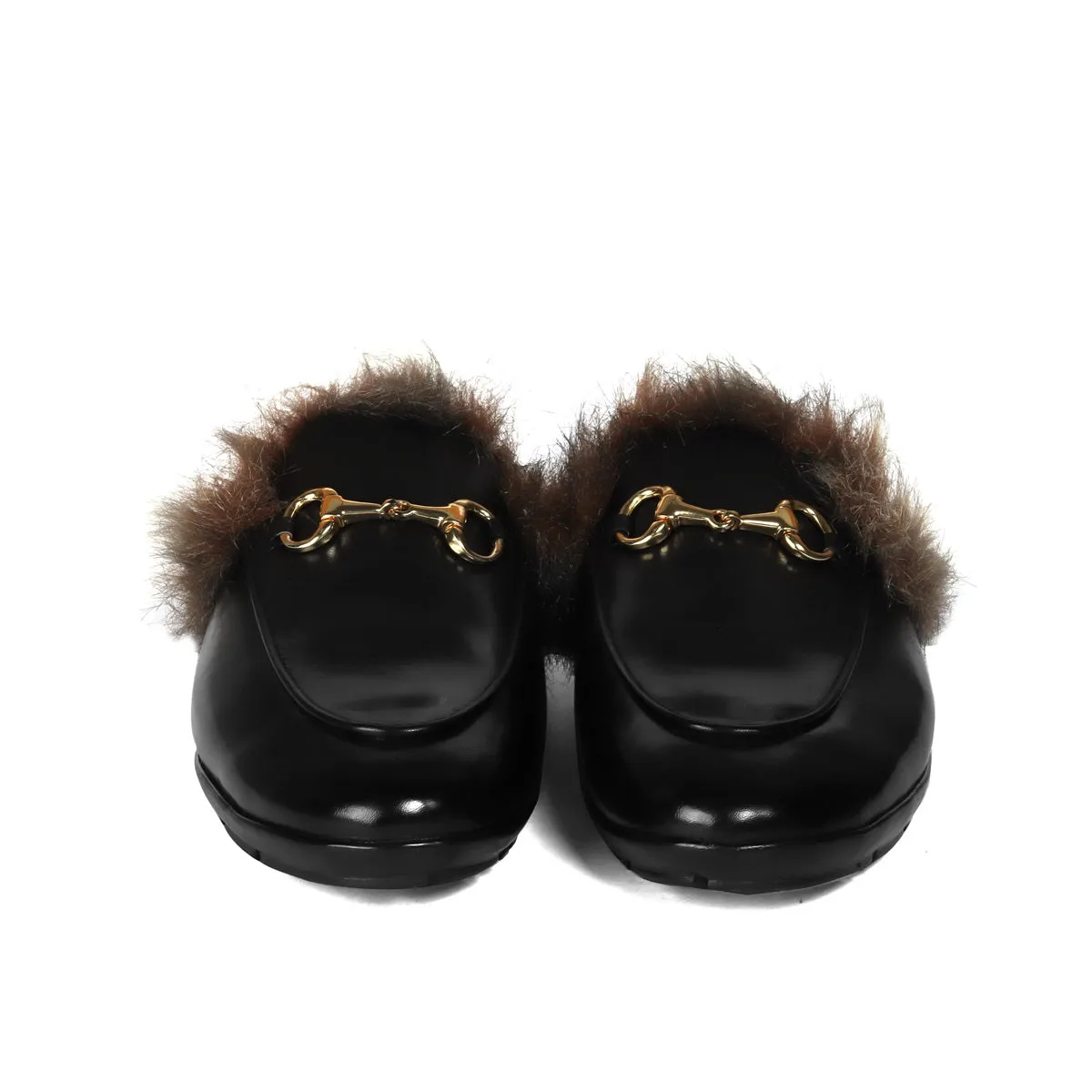 Summer Special Back Opening Furry Light Weight Black Leather Formal Mules